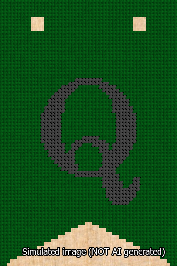 A simulated image of the stitched needlepoint design: Banner 13m Forked Q Black on Green. Not A.I. generated.