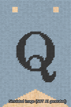 A simulated image of the stitched needlepoint design: Banner 13m Forked Q Black on Light Blue. Not A.I. generated.