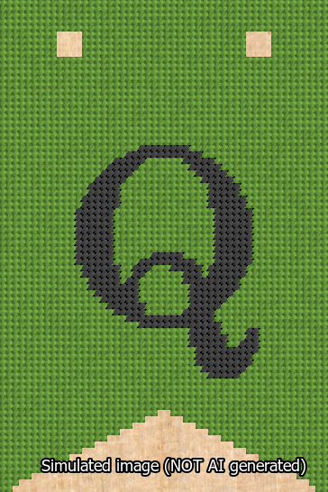 A simulated image of the stitched needlepoint design: Banner 13m Forked Q Black on Light Green. Not A.I. generated.