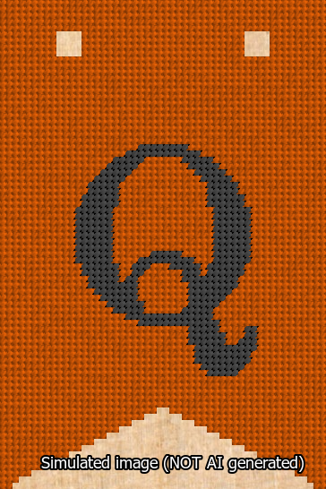 A simulated image of the stitched needlepoint design: Banner 13m Forked Q Black on Orange. Not A.I. generated.