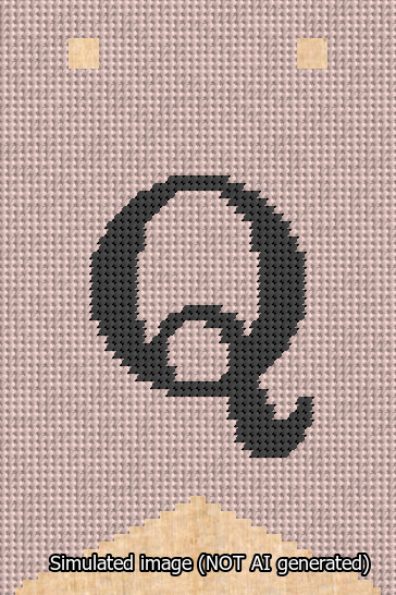A simulated image of the stitched needlepoint design: Banner 13m Forked Q Black on Pink. Not A.I. generated.
