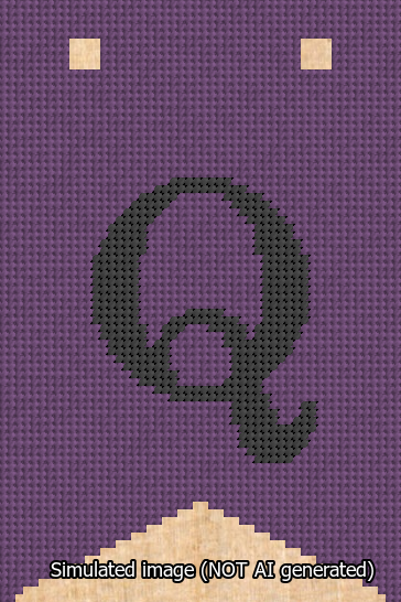 A simulated image of the stitched needlepoint design: Banner 13m Forked Q Black on Purple. Not A.I. generated.