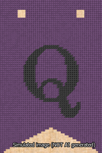 A simulated image of the stitched needlepoint design: Banner 13m Forked Q Black on Purple. Not A.I. generated.