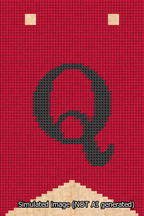 A simulated image of the stitched needlepoint design: Banner 13m Forked Q Black on Red. Not A.I. generated.