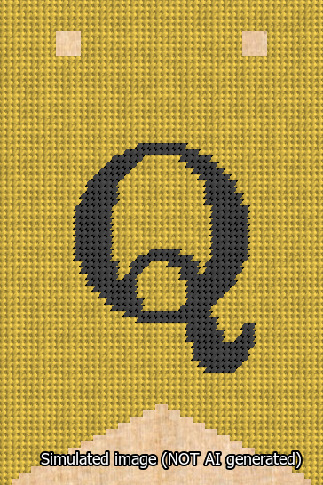 A simulated image of the stitched needlepoint design: Banner 13m Forked Q Black on Yellow. Not A.I. generated.