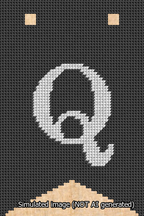 A simulated image of the stitched needlepoint design: Banner 13m Forked Q White on Black. Not A.I. generated.
