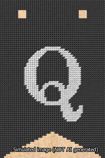 A simulated image of the stitched needlepoint design: Banner 13m Forked Q White on Black. Not A.I. generated.