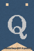 A simulated image of the stitched needlepoint design: Banner 13m Forked Q White on Blue. Not A.I. generated.