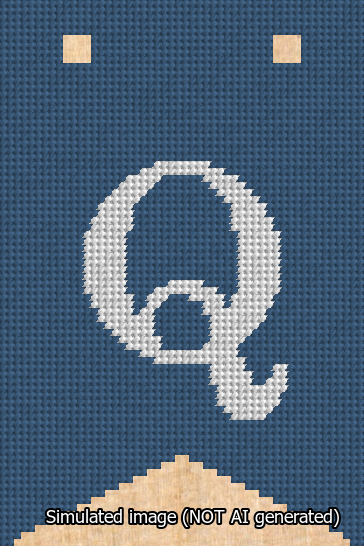 A simulated image of the stitched needlepoint design: Banner 13m Forked Q White on Blue. Not A.I. generated.