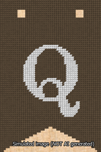 A simulated image of the stitched needlepoint design: Banner 13m Forked Q White on Brown. Not A.I. generated.