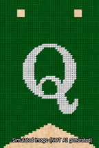 A simulated image of the stitched needlepoint design: Banner 13m Forked Q White on Green. Not A.I. generated.