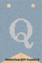 A simulated image of the stitched needlepoint design: Banner 13m Forked Q White on Light Blue. Not A.I. generated.