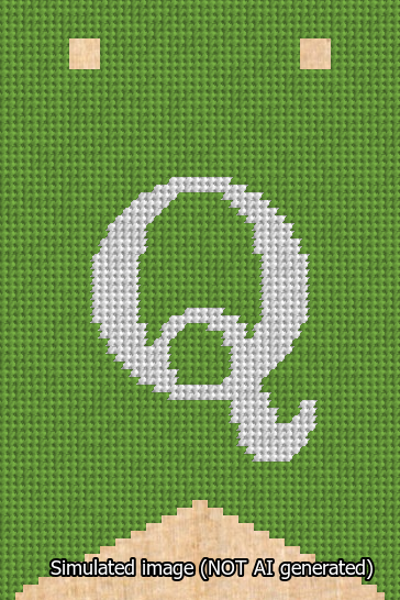 A simulated image of the stitched needlepoint design: Banner 13m Forked Q White on Light Green. Not A.I. generated.