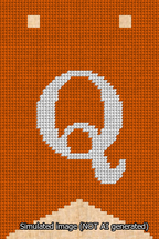 A simulated image of the stitched needlepoint design: Banner 13m Forked Q White on Orange. Not A.I. generated.