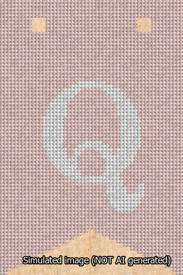 A simulated image of the stitched needlepoint design: Banner 13m Forked Q White on Pink. Not A.I. generated.