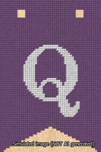 A simulated image of the stitched needlepoint design: Banner 13m Forked Q White on Purple. Not A.I. generated.