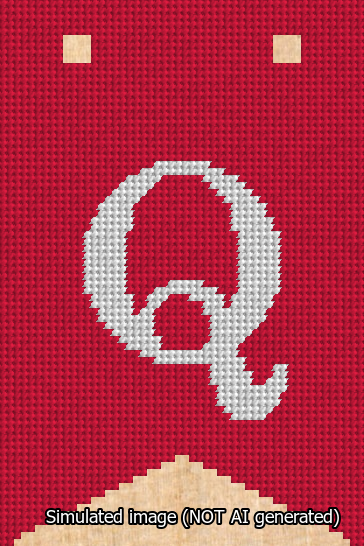 A simulated image of the stitched needlepoint design: Banner 13m Forked Q White on Red. Not A.I. generated.