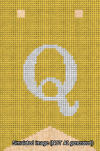 A simulated image of the stitched needlepoint design: Banner 13m Forked Q White on Yellow. Not A.I. generated.