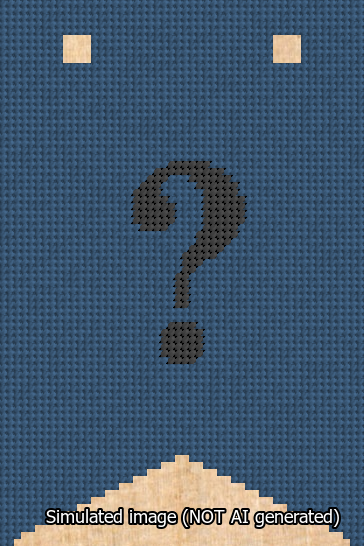 A simulated image of the stitched needlepoint design: Banner 13m Forked Question Black on Blue. Not A.I. generated.