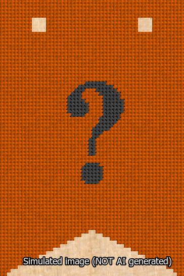 A simulated image of the stitched needlepoint design: Banner 13m Forked Question Black on Orange. Not A.I. generated.