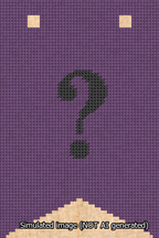 A simulated image of the stitched needlepoint design: Banner 13m Forked Question Black on Purple. Not A.I. generated.
