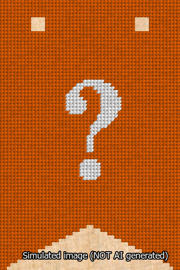 A simulated image of the stitched needlepoint design: Banner 13m Forked Question White on Orange. Not A.I. generated.