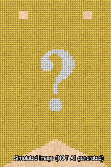 A simulated image of the stitched needlepoint design: Banner 13m Forked Question White on Yellow. Not A.I. generated.
