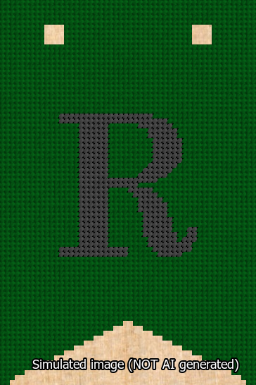 A simulated image of the stitched needlepoint design: Banner 13m Forked R Black on Green. Not A.I. generated.