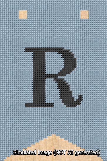 A simulated image of the stitched needlepoint design: Banner 13m Forked R Black on Light Blue. Not A.I. generated.