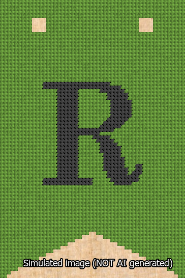 A simulated image of the stitched needlepoint design: Banner 13m Forked R Black on Light Green. Not A.I. generated.