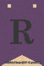 A simulated image of the stitched needlepoint design: Banner 13m Forked R Black on Purple. Not A.I. generated.