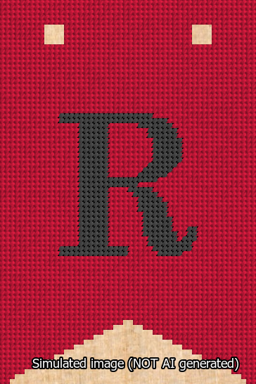 A simulated image of the stitched needlepoint design: Banner 13m Forked R Black on Red. Not A.I. generated.