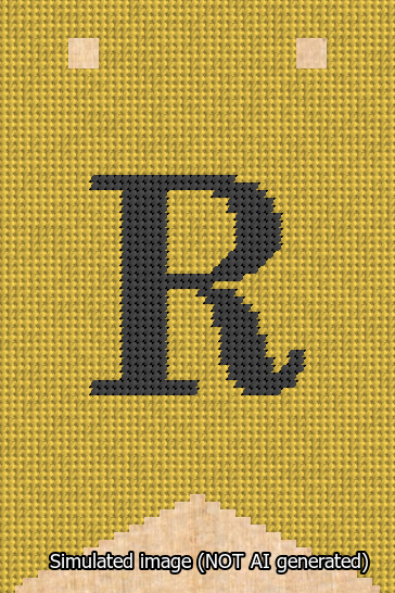 A simulated image of the stitched needlepoint design: Banner 13m Forked R Black on Yellow. Not A.I. generated.