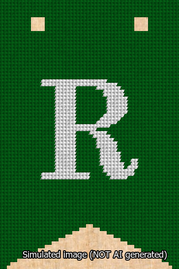 A simulated image of the stitched needlepoint design: Banner 13m Forked R White on Green. Not A.I. generated.