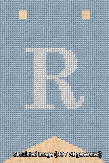 A simulated image of the stitched needlepoint design: Banner 13m Forked R White on Light Blue. Not A.I. generated.
