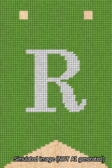 A simulated image of the stitched needlepoint design: Banner 13m Forked R White on Light Green. Not A.I. generated.