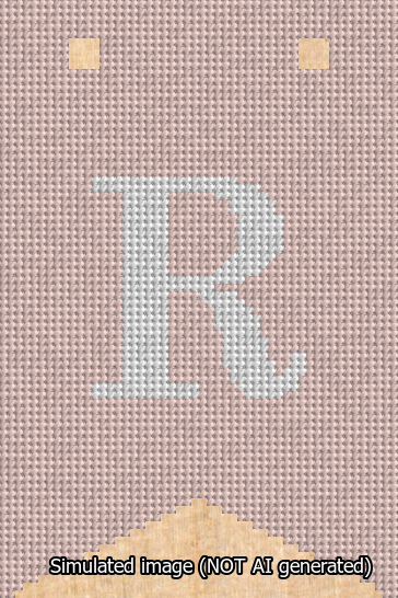 A simulated image of the stitched needlepoint design: Banner 13m Forked R White on Pink. Not A.I. generated.
