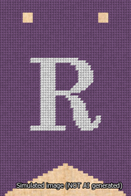 A simulated image of the stitched needlepoint design: Banner 13m Forked R White on Purple. Not A.I. generated.