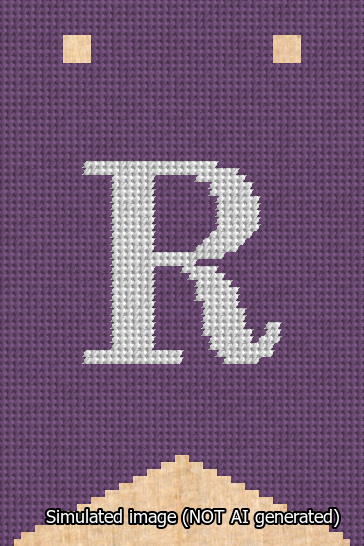 A simulated image of the stitched needlepoint design: Banner 13m Forked R White on Purple. Not A.I. generated.