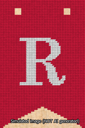 A simulated image of the stitched needlepoint design: Banner 13m Forked R White on Red. Not A.I. generated.