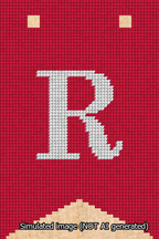 A simulated image of the stitched needlepoint design: Banner 13m Forked R White on Red. Not A.I. generated.