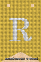 A simulated image of the stitched needlepoint design: Banner 13m Forked R White on Yellow. Not A.I. generated.