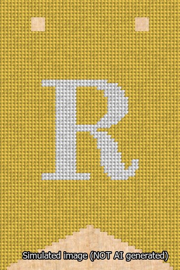 A simulated image of the stitched needlepoint design: Banner 13m Forked R White on Yellow. Not A.I. generated.