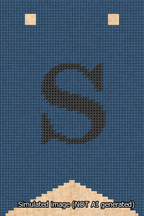 A simulated image of the stitched needlepoint design: Banner 13m Forked S Black on Blue. Not A.I. generated.