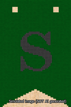 A simulated image of the stitched needlepoint design: Banner 13m Forked S Black on Green. Not A.I. generated.