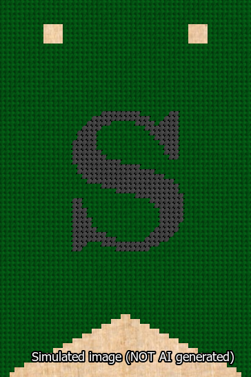 A simulated image of the stitched needlepoint design: Banner 13m Forked S Black on Green. Not A.I. generated.
