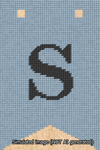 A simulated image of the stitched needlepoint design: Banner 13m Forked S Black on Light Blue. Not A.I. generated.