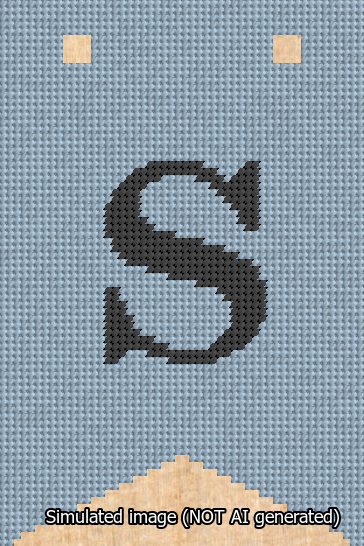 A simulated image of the stitched needlepoint design: Banner 13m Forked S Black on Light Blue. Not A.I. generated.