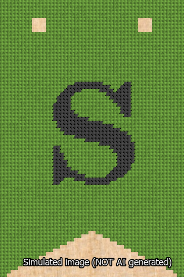 A simulated image of the stitched needlepoint design: Banner 13m Forked S Black on Light Green. Not A.I. generated.