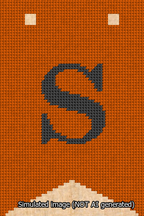 A simulated image of the stitched needlepoint design: Banner 13m Forked S Black on Orange. Not A.I. generated.